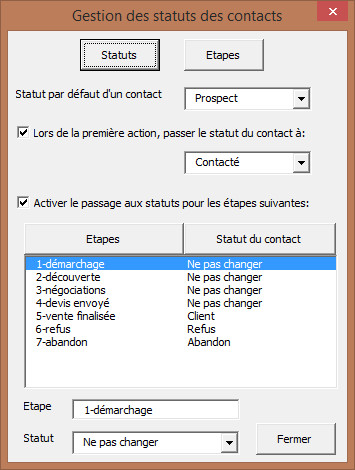 Ecran de paramétrage des statuts